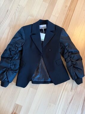 Ganni Black Blazer with Ruched Satin Puff Sleeves